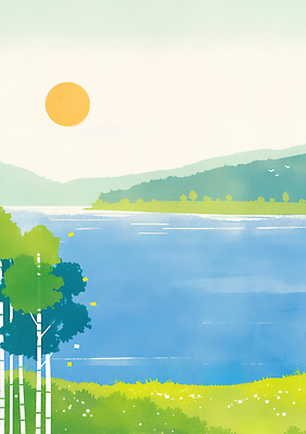 자연요소 식물 동물 계절 컬러 곤충 컨셉 모션 날씨 태양 생태계 파일형식 호수 여름 풍경 햇빛 나무 산 파란색 평화 자연 하늘 물 반짝임 바람 차분 숲 소리 조류 나비 국내일러스트 일러스트 JPG