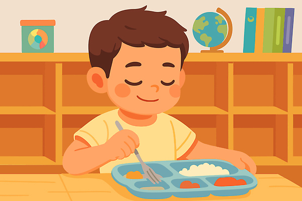 행복 감정 어린이 음식 일러스트 교실 학교 모션 밥 반찬 소년 학습 식사 유치원 시간 먹기 즐거움 만족 점심 급식 Tray 국내일러스트 AI파일 교육 남자 사람 파일형식 벡터