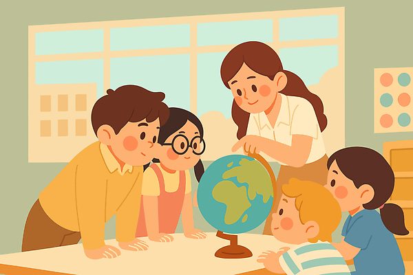 교육 어린이 일러스트 교실 실험 이야기 설명 학습 세계 지구본 교사 자료 유치원 관찰 질문 지역 소통 지리 참여 국내일러스트 AI파일 직업 컨셉 학교 모션 사람 파일형식 벡터