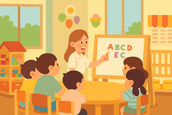 학생 알파벳 교육 어린이 컬러 일러스트 창문 교실 놀이 수업 함께함 초등교육 친구 학습 교사 유치원 놀이터 그림 원탁 국내일러스트 AI파일 직업 영어 컨셉 학교 관계 탁자 사람 파일형식 벡터