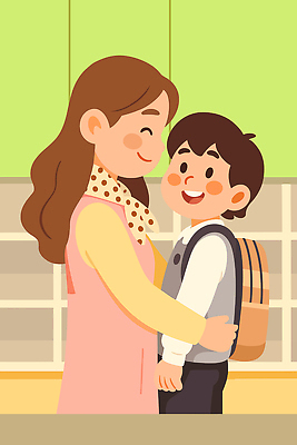 행복 감정 아들 어린이 일러스트 학교 가정 가족 관계 포옹 엄마 따뜻함 사랑 웃음 부모 유치원 기쁨 추억 등교 순간 국내일러스트 AI파일 교육 컨셉 안기 표정 사람 등하교 파일형식 벡터