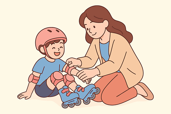 교육 감정 스포츠용품 가족 놀이 건강 사람 취미 장비 파일형식 벡터 롤러블레이드 보호장비 엄마 어린이 즐거움 운동 안전 학습 스케이트 기쁨 보드게임 연습 일러스트 국내일러스트 AI파일