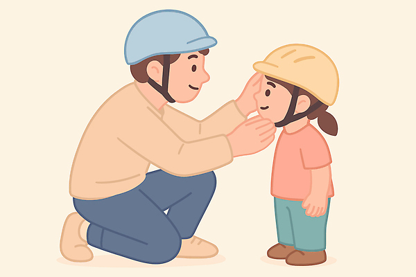 교육 감정 컨셉 가족 관계 표정 말하기 사람 바이크 장비 보호장비 파일형식 벡터 헬멧 아빠 어린이 안전 미소 착용 습관 자전거 놀이 추억 사랑 대화 소통 행복 시간 학습 보호 일러스트 국내일러스트 AI파일