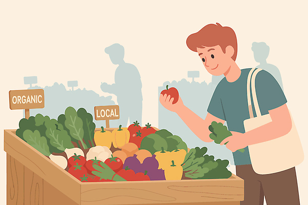 웰빙 음식 컨셉 농업 사람 쇼핑 생태계 채식주의자 파일형식 벡터 유기농 채소 과일 시장 신선 구매 남자 건강식 자연 재료 저장 선택 고객 농작물 유통 경제 분위기 일러스트 국내일러스트 AI파일 채식 비건