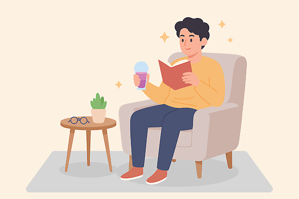 감정 컬러 가구 컨셉 의자 모션 디저트 사람 내부 감각 채식주의자 파일형식 벡터 소파 남자 책 아이스크림 휴식 독서 탁자 화분 편안함 실내 취미 즐거움 오후 노란색 디자인 안락 마시기 일러스트 국내일러스트 AI파일 채식 비건