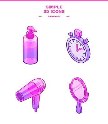 아이콘 시계 컬러 위생용품 미용용품 오브젝트 파일형식 쇼핑 뷰티 샴푸 드라이어 거울 스톱워치 그래픽 분홍색 보라색 상품 생활용품 3D아이콘 PSD