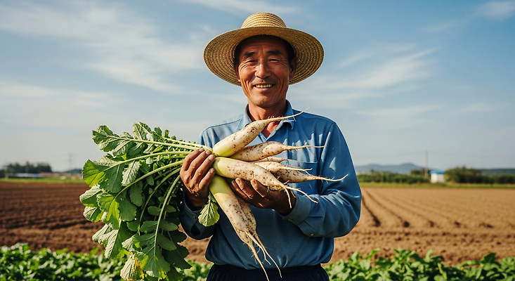 JPG 편집이미지 전통 농업 채소 자연 한국 미소 농작물 햇빛 농장 농경지 수확 농촌 농부 무 땅 의료성형뷰티 편집실사 직업 산업 아시아 뿌리채소 표정 태양 시골 CG 생태계 파일형식