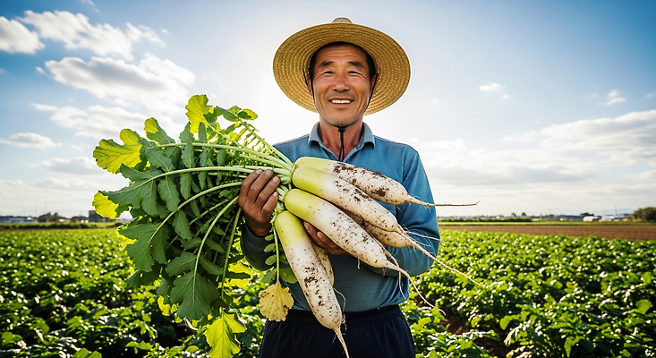 JPG 편집이미지 밭 농업 채소 자연 웃음 파란색 햇빛 농장 농사 수확 농촌 신선 농부 무 배추 의료성형뷰티 편집실사 직업 산업 컬러 뿌리채소 표정 태양 시골 CG 생태계 파일형식