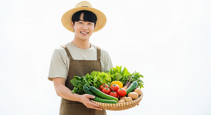 JPG 편집이미지 남자 농업 채소 과일 모션 자연 건강 미소 웃음 여름 농장 바구니 수확 농촌 신선 농부 의료성형뷰티 편집실사 직업 계절 산업 표정 사람 시골 CG 생태계 파일형식