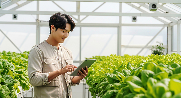 JPG 식물 편집이미지 남자 농업 기술 관리 농작물 태블릿 환경 농사 성장 농촌 농부 온실 의료성형뷰티 스마트팜 편집실사 직업 산업 사람 전자제품 스마트기기 농장 시골 CG 파일형식