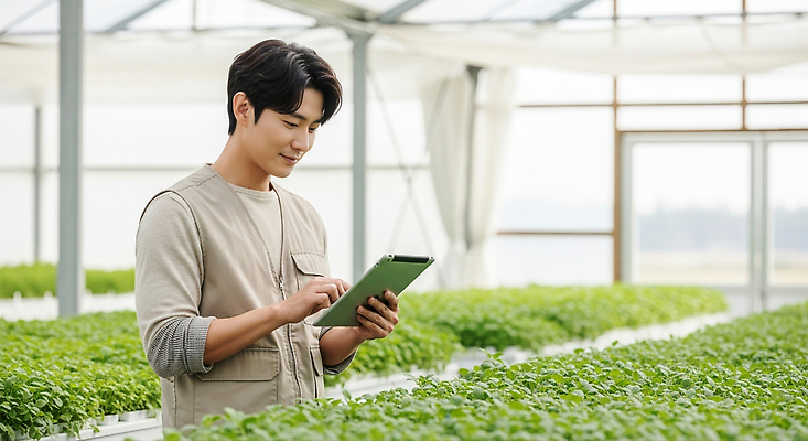 JPG 식물 편집이미지 남자 농업 자연 기술 파란색 농작물 스마트기기 환경 성장 농촌 신선 작업 농부 점검 온실 의료성형뷰티 편집실사 직업 산업 컬러 사람 전자제품 시골 CG 생태계 파일형식