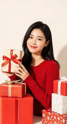 디자인 계절 기념일 감정 컬러 상의 포장 휴가 표정 사람 이벤트 CG 파일형식 크리스마스 선물 여자 빨간색 스웨터 축제 미소 행복 포장지 리본 인테리어 연말 겨울 모임 편집이미지 편집실사 JPG 의료성형뷰티 홀리데이