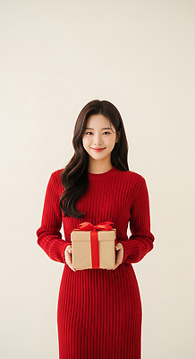 기념일 컬러 컨셉 상의 휴가 표정 사람 CG 파일형식 선물 여자 스웨터 미소 따뜻함 분위기 포즈 상자 빨간색 크리스마스 축하 스타일 백그라운드 편집이미지 편집실사 JPG 의료성형뷰티 홀리데이