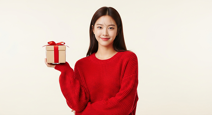 기념일 감정 컨셉 상의 휴가 사람 신체부위 CG 파일형식 선물 여자 스웨터 행복 표정 상자 기쁨 따뜻함 손 리본 크리스마스 축하 분위기 포장 편집이미지 편집실사 JPG 의료성형뷰티 홀리데이