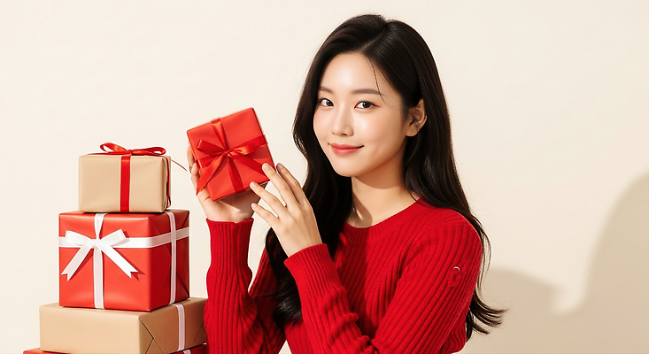 기념일 감정 컬러 휴가 표정 사람 이벤트 촬영 CG 파일형식 크리스마스 선물 포장 미소 기쁨 여자 연말 축제 파티 빨간색 사진촬영 사랑 행복 편집이미지 편집실사 JPG 의료성형뷰티 홀리데이