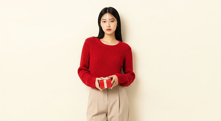 기념일 컬러 컨셉 상의 모션 하의 휴가 사람 CG 파일형식 여자 스웨터 빨간색 선물 벽 기댐 패션 스타일 옷 표정 베이지색 바지 모던 촬영 분위기 편집이미지 편집실사 JPG 의료성형뷰티 크리스마스 홀리데이