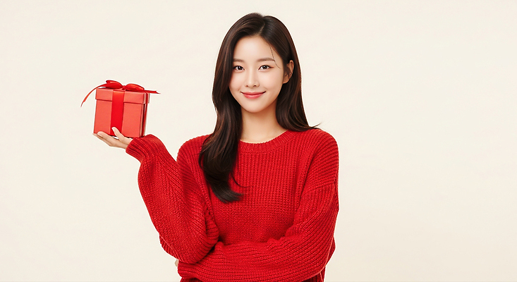 기념일 감정 컬러 상의 휴가 표정 사람 이벤트 CG 파일형식 여자 선물 스웨터 미소 빨간색 따뜻함 백그라운드 오브젝트 크리스마스 기쁨 행복 생일 포장 편집이미지 편집실사 JPG 의료성형뷰티 홀리데이