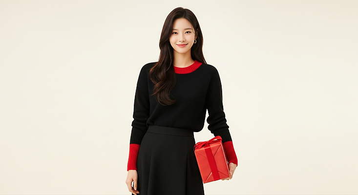 기념일 컬러 컨셉 상의 하의 휴가 표정 사람 CG 파일형식 모델 여자 스웨터 치마 선물 패션 스타일 미소 검은색 빨간색 따뜻함 옷 유행 분위기 편집이미지 편집실사 JPG 의료성형뷰티 크리스마스 홀리데이