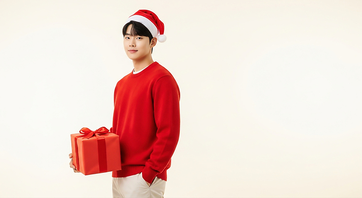 계절 기념일 감정 컬러 상의 포장 놀이 휴가 선물 사람 이벤트 CG 파일형식 크리스마스 남자 빨간색 스웨터 축제 기쁨 겨울 연말 파티 놀이터 선물포장 편집이미지 편집실사 JPG 의료성형뷰티 홀리데이