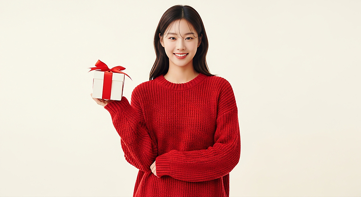 기념일 감정 컬러 컨셉 상의 포장 휴가 표정 CG 파일형식 선물 스웨터 빨간색 미소 따뜻함 사람 백그라운드 포장지 리본 크리스마스 기쁨 축하 행복 스타일 패션 편집이미지 편집실사 JPG 의료성형뷰티 홀리데이