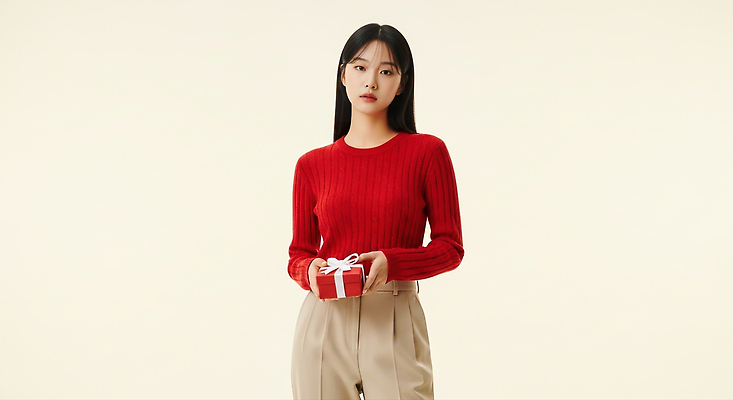 계절 기념일 감정 컬러 컨셉 상의 휴가 표정 사람 CG 파일형식 여자 모델 빨간색 스웨터 크리스마스 선물 포즈 미소 겨울 패션 촬영 스타일 분위기 행복 편집이미지 편집실사 JPG 의료성형뷰티 홀리데이