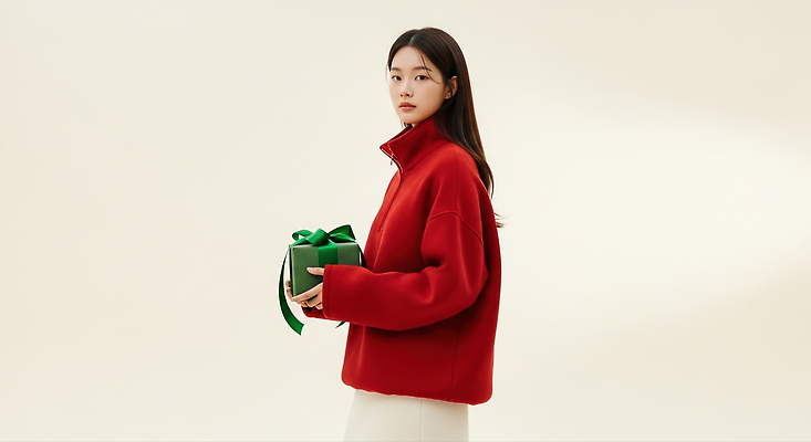 계절 기념일 컬러 컨셉 휴가 사람 이벤트 외투 CG 파일형식 모델 선물 크리스마스 재킷 빨간색 패션 백그라운드 따뜻함 스타일 겨울 여자 오브젝트 분위기 편집이미지 편집실사 JPG 의료성형뷰티 홀리데이