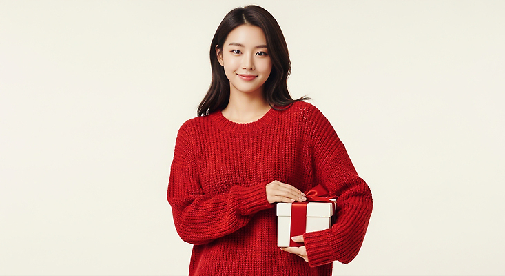 계절 기념일 감정 컬러 상의 휴가 표정 사람 신체부위 전자제품 CG 파일형식 여자 선물 상자 빨간색 스웨터 겨울 패션 따뜻함 웃음 카메라 기쁨 촬영 포즈 손 행복 편집이미지 편집실사 JPG 의료성형뷰티 크리스마스 홀리데이