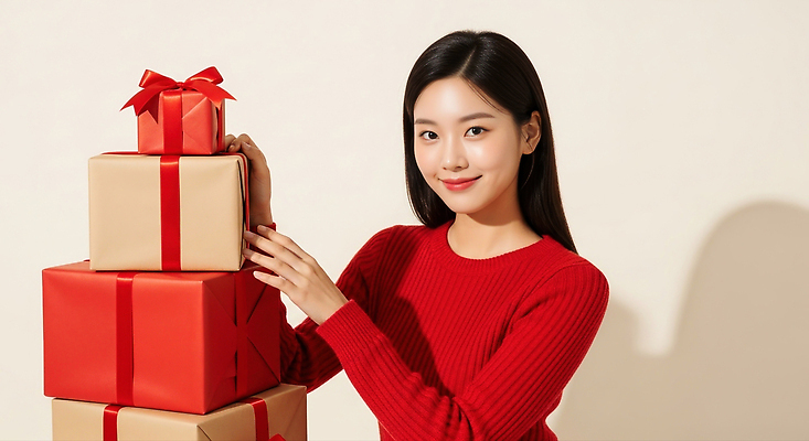 기념일 감정 포장 휴가 표정 사람 이벤트 CG 파일형식 크리스마스 선물 여자 미소 포장지 축제 기쁨 행복 연말 파티 장식 사랑 편집이미지 편집실사 JPG 의료성형뷰티 홀리데이
