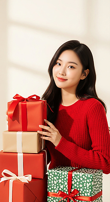 기념일 감정 상의 포장 휴가 사람 CG 파일형식 크리스마스 선물 여자 스웨터 행복 기쁨 촬영 계절 포장지 리본 표정 오브젝트 편집이미지 편집실사 JPG 의료성형뷰티 홀리데이