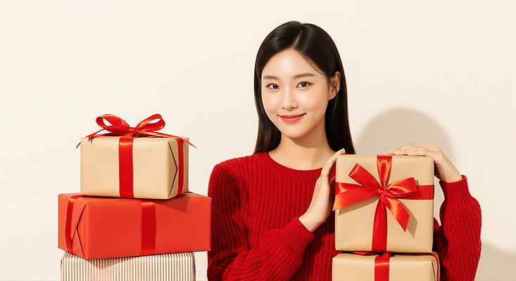 기념일 컨셉 상의 휴가 표정 사람 이벤트 CG 파일형식 여자 선물 포장 스웨터 미소 웃음 포즈 크리스마스 축제 파티 장식 귀여움 조명 컬러 편집이미지 편집실사 JPG 의료성형뷰티 홀리데이