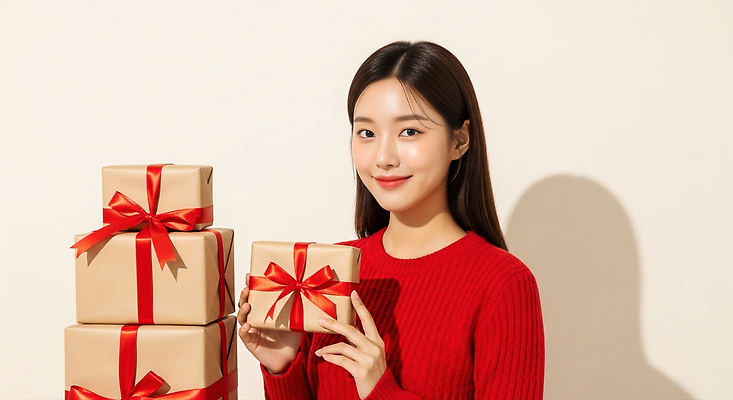 옷 계절 기념일 감정 컨셉 포장 휴가 표정 사람 CG 파일형식 여자 크리스마스 선물 미소 빨간옷 포장지 백그라운드 즐거움 축하 평화 기쁨 겨울 컬러 장식 편집이미지 편집실사 JPG 의료성형뷰티 홀리데이