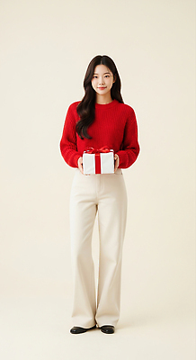 기념일 감정 컨셉 상의 휴가 CG 파일형식 선물 스웨터 상자 사람 표정 기쁨 백그라운드 따뜻함 평화 분위기 크리스마스 생일 축하 패션 모델 편집이미지 편집실사 JPG 의료성형뷰티 홀리데이