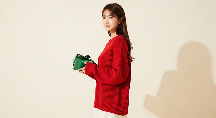 계절 기념일 감정 컬러 컨셉 상의 포장 휴가 표정 사람 CG 파일형식 크리스마스 선물 여자 스웨터 웃음 겨울 따뜻함 분위기 이벤트 축제 포장지 초록색 기쁨 방 편집이미지 편집실사 JPG 의료성형뷰티 홀리데이