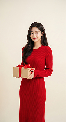 기념일 감정 상의 휴가 표정 사람 CG 파일형식 여자 선물 상자 리본 니트 웃음 이벤트 기쁨 축제 기념 편집이미지 편집실사 JPG 의료성형뷰티 크리스마스 홀리데이