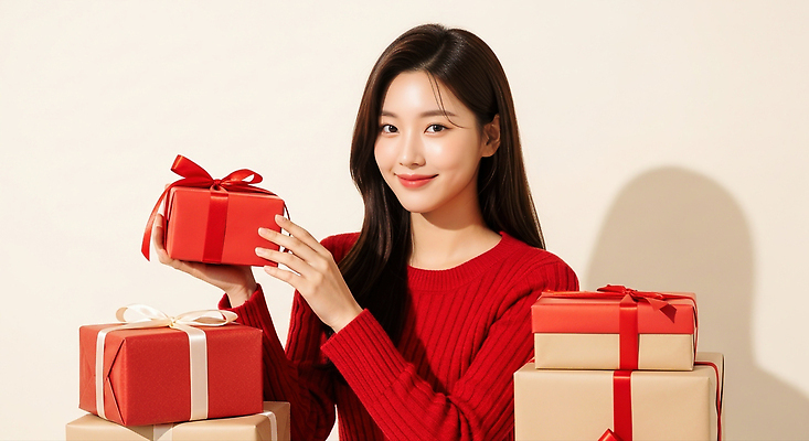 기념일 감정 컨셉 상의 포장 휴가 표정 선물 사람 CG 파일형식 여자 연말 행복 스웨터 미소 따뜻함 크리스마스 촬영 분위기 소통 축하 선물포장 편집이미지 편집실사 JPG 의료성형뷰티 홀리데이