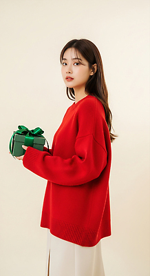 기념일 컬러 상의 휴가 사람 이벤트 내부 CG 파일형식 여자 선물 스웨터 빨간색 초록색 실내 패션 따뜻함 촬영 백그라운드 스타일 포즈 감정 편집이미지 편집실사 JPG 의료성형뷰티 크리스마스 홀리데이