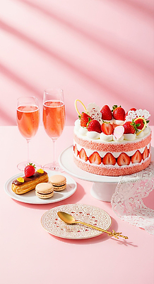 음식 분홍색 백그라운드 컨셉 과일 디저트 주류 이벤트 맛 CG 파일형식 샴페인 분홍색배경 상차림 마카롱 달콤 고급 케이크 파티 음료 뷰티풀 편집이미지 편집실사 JPG 딸기