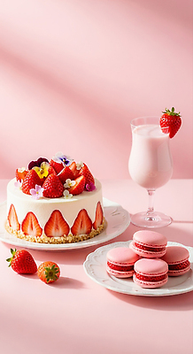 음식 컬러 가구 과일 디저트 유제품 이벤트 맛 크림 CG 파일형식 딸기 케이크 마카롱 우유 분홍색 탁자 생크림 장식 맛있는 달콤 파티 편집이미지 편집실사 JPG