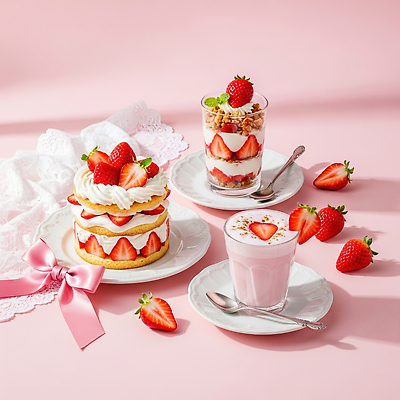 음식 컬러 가구 과일 디저트 제과제빵 카페 맛 크림 CG 파일형식 딸기 케이크 생크림 파르페 계절 분홍색 탁자 제빵 핸드메이드 디저트카페 달콤 편집이미지 편집실사 JPG
