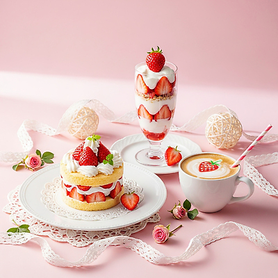 JPG 편집이미지 꽃 커피 음료 분홍색 딸기 디저트 케이크 달콤 맛 상차림 생크림 시럽 파르페 휘핑크림 편집실사 AI포토 AI콘텐츠 식물 음식 컬러 컨셉 과일 크림 CG 휘핑 파일형식