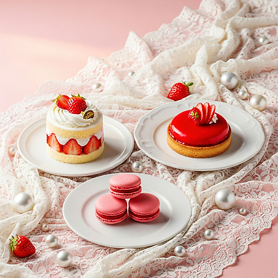 음식 컬러 가구 과일 디저트 이벤트 시합 상점 맛 CG 파일형식 딸기 케이크 마카롱 레이싱 탁자 준비 분홍색 빵집 달콤 요리 파티 편집이미지 편집실사 JPG