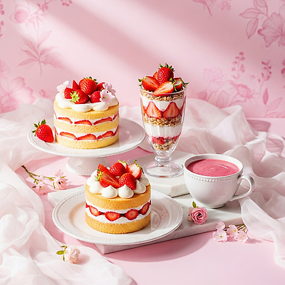 음식 컬러 가구 과일 디저트 맛 크림 CG 파일형식 딸기 케이크 탁자 분홍색 음료 준비 생크림 달콤 속도 축제 편집이미지 편집실사 JPG