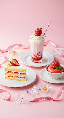 계절 음료 음식 컬러 과일 디저트 맛 CG 파일형식 딸기 케이크 스무디 분홍색 백그라운드 달콤 신선 크림 여름 보온병 제철 편집이미지 편집실사 JPG