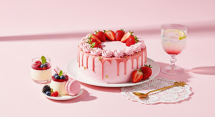 JPG 편집이미지 분홍색 컬러 과일 식탁 딸기 디저트 맥주 막대사탕 장식 케이크 식사 생일파티 크림 생크림 편집실사 AI포토 AI콘텐츠 음식 탁자 주류 사탕 생일 CG 파일형식