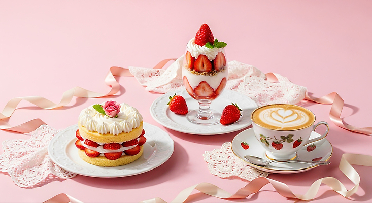 JPG 편집이미지 커피 음료 분홍색 과일 탁자 딸기 디저트 케이크 카페 달콤 크림 파르페 스타일 편집실사 AI포토 AI콘텐츠 음식 컬러 가구 상점 맛 CG 파일형식