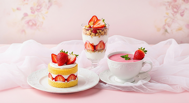 계절 음식 컨셉 과일 유제품 케이크 맛 CG 파일형식 딸기 디저트 스펀지케이크 크림 요거트 그래놀라 달콤 신선 여름 편리함 맛있는 모임 편집이미지 편집실사 JPG