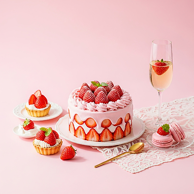 기념일 음식 컬러 가구 컨셉 과일 디저트 이벤트 케이크 맛 CG 파일형식 달콤 딸기 분홍색 탁자 준비 마카롱 컵케이크 축하 파티 생일 리본 신선 편집이미지 편집실사 JPG