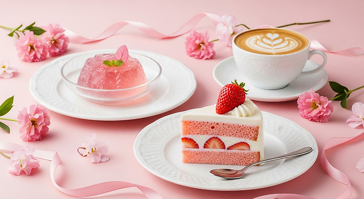 식물 커피 음료 음식 컬러 컨셉 과일 디저트 상점 식사 맛 CG 파일형식 케이크 딸기 젤리 라떼 분홍색 꽃 분위기 카페 달콤 조화 브런치 편집이미지 편집실사 JPG