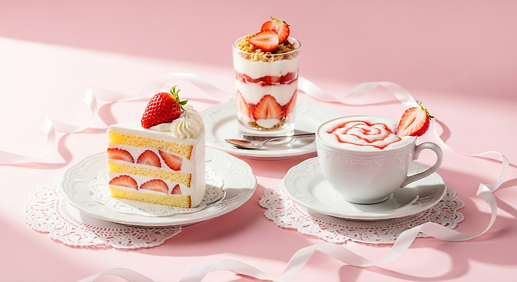 음식 컬러 가구 컨셉 과일 디저트 서양음식 식사 CG 파일형식 딸기 케이크 크림 분홍색 탁자 로맨틱 준비 파스타 브런치 편집이미지 편집실사 JPG