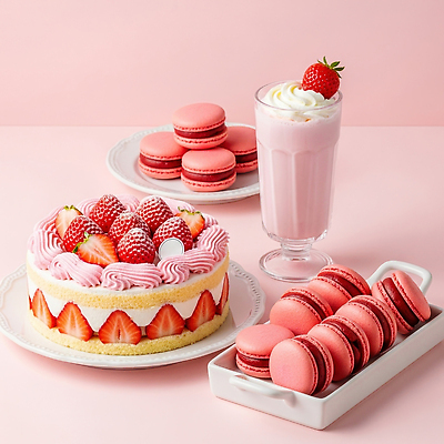 JPG 편집이미지 음료 분홍색 과일 탁자 딸기 디저트 파티 케이크 달콤 생크림 제빵 마카롱 편집실사 AI포토 AI콘텐츠 음식 컬러 가구 이벤트 제과제빵 맛 크림 CG 파일형식